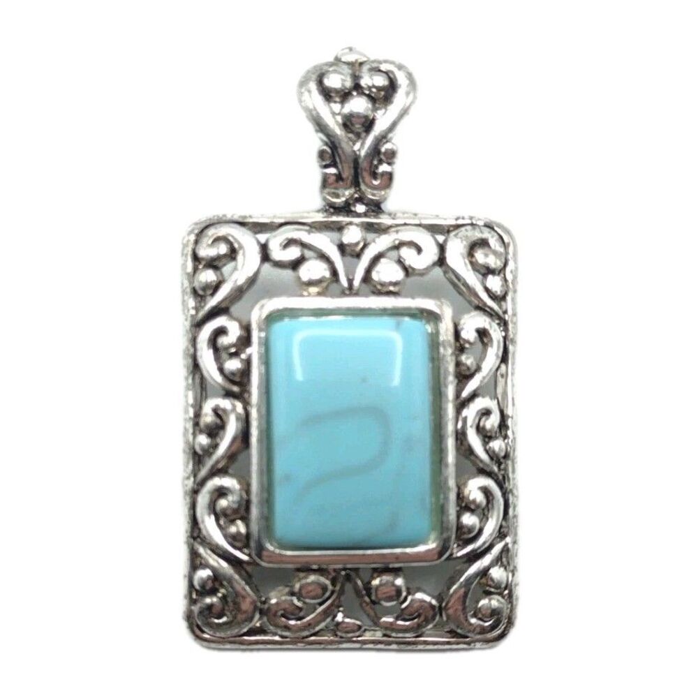 Southwestern Silver Tone Faux Turquoise Statement Rectangular Pendant 1.5" Vtg